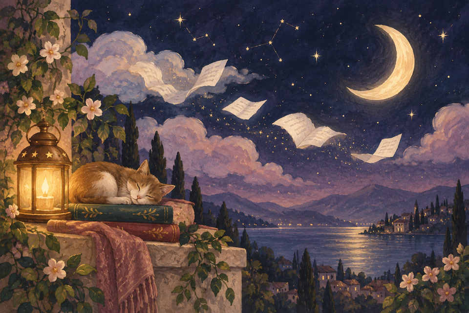 A quiet moonlit landscape with a sleeping cat, a warm lantern and drifting pages.